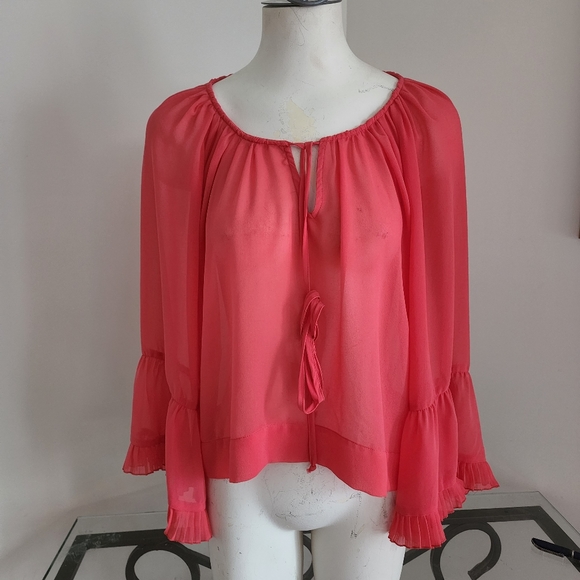 Wendy Katlen Sheer Orange Blouse With Flared Ruffled Sleeves Size Medium - Picture 5 of 11